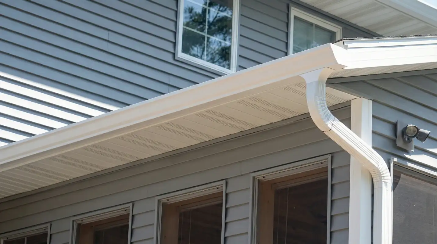 Professional home remodeling project showing newly installed white seamless gutters and downspouts on a house with gray siding in Austin, TX