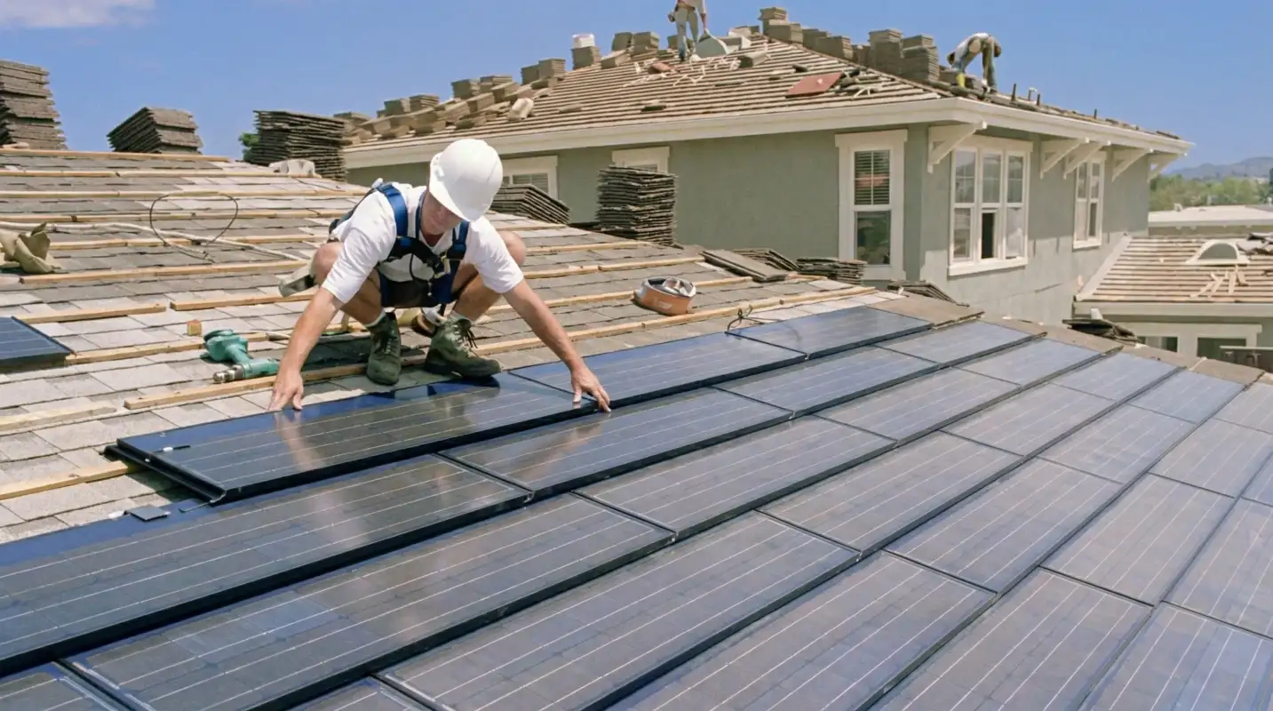 Roof replacement expert installing modern solar shingles on a residential home in Austin, TX