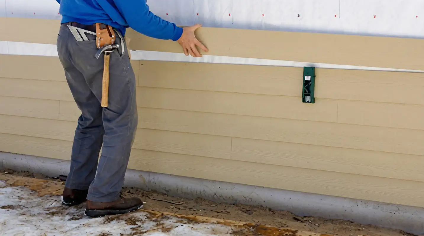 Siding replacement expert carefully aligning a new tan siding panel onto a residential exterior wall in Austin, TX