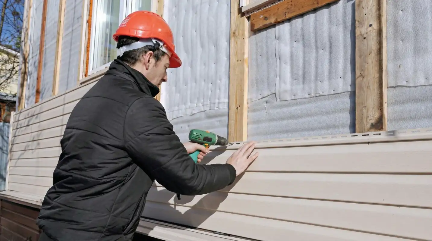 Siding replacement professional using a power drill to install new tan vinyl siding on a home exterior in Austin, TX