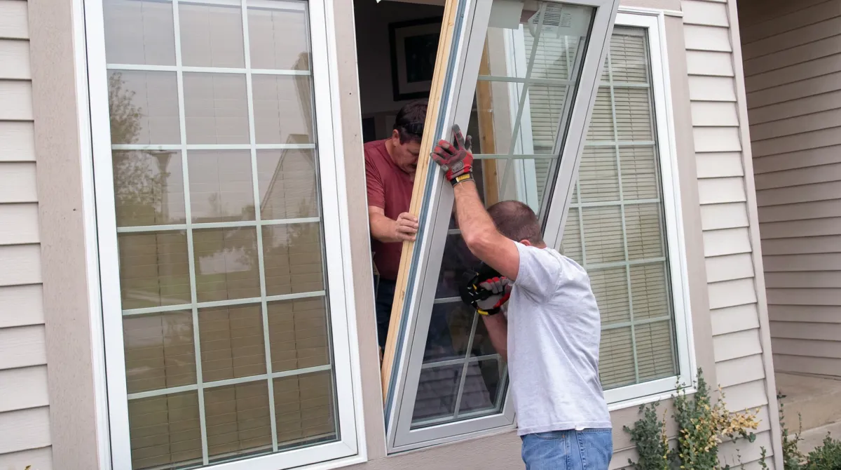 Professional home remodeling team installing a large replacement window on a house with tan siding in Austin, TX
