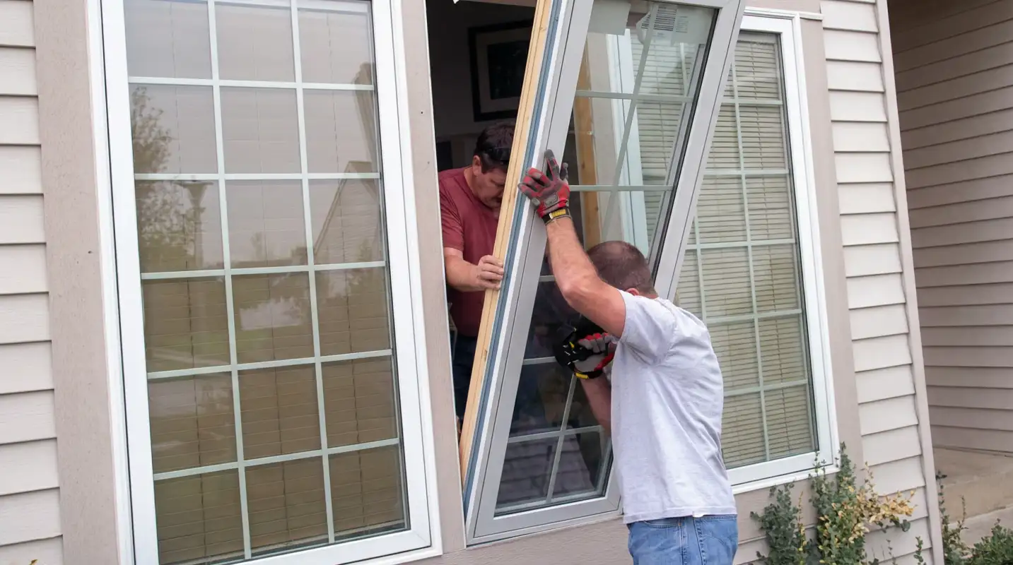 Professional home remodeling team installing a large replacement window on a house with tan siding in Austin, TX